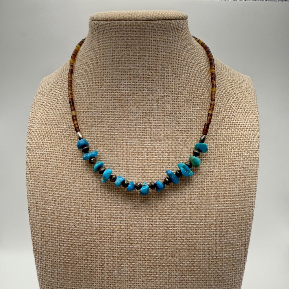 Blue Turquoise Heishi Bead Nugget Necklace Silver Tone Spacer Choker Boho Native